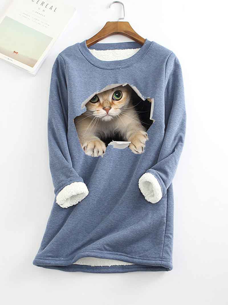 Cat Printed Thickened Fleece Warm Autumn and Winter Sweatshirt