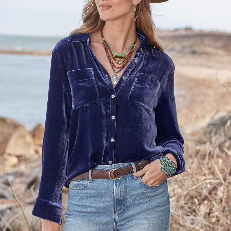 Elegant Velvet Pockets Blouse Long Sleeve Single-breasted Soft Shirt