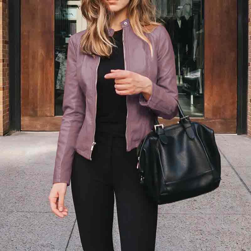 Solid Color Fashion Stand Neck Leather Zippered Jacket Coat