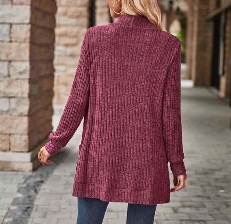 Solid Color Velvet Ribbed Button Free Autumn Winter Pockets Cardigan Top