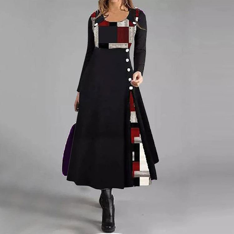Colorblock Button Decorated Autumn and Winter A-line Dress