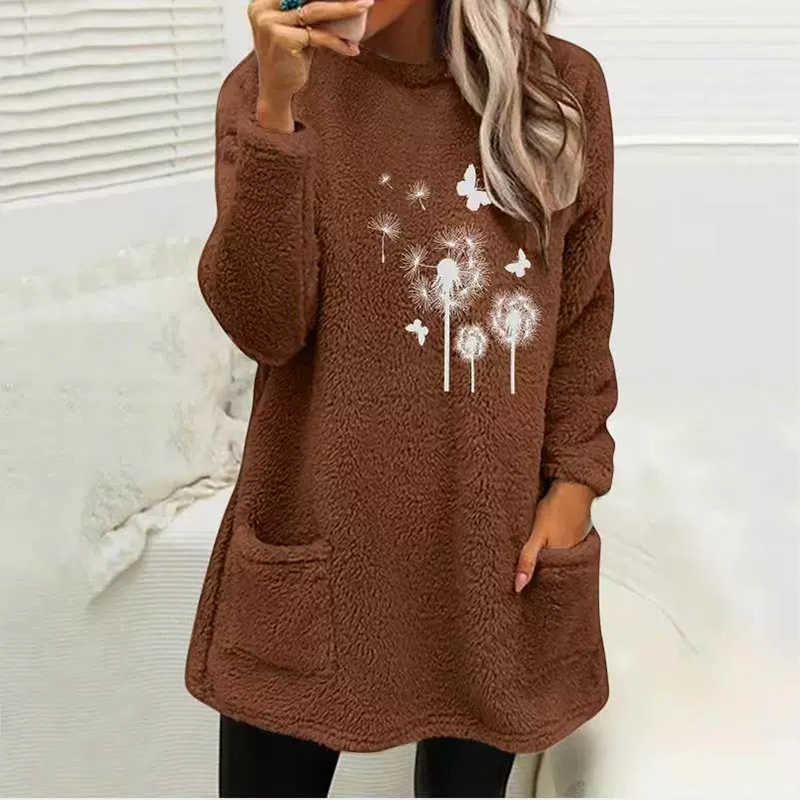 Dandelion Printed Plush Warm Autumn Winter Pockets Long Sweatshirt