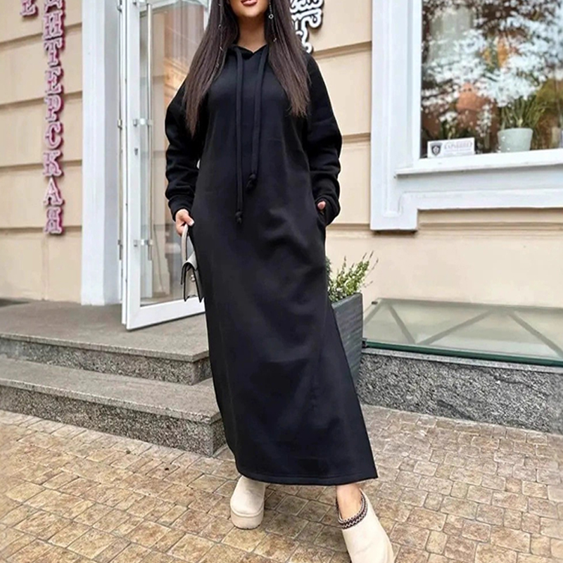 Trendy Hooded Fleece Thickened Autumn Winter Pockets Sweatshirt Dress