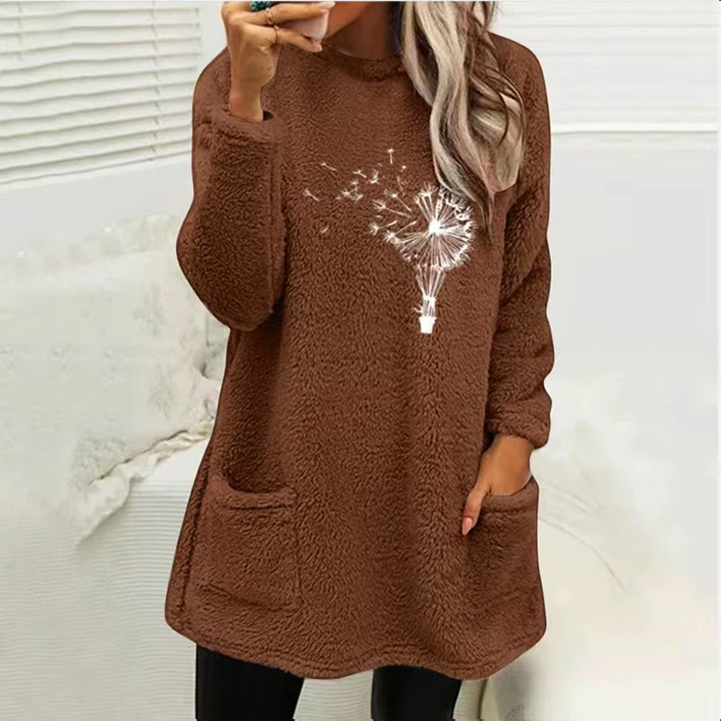 Fashion Dandelion  Printed Plush Warm Autumn Winter Pockets Long Sweatshirt