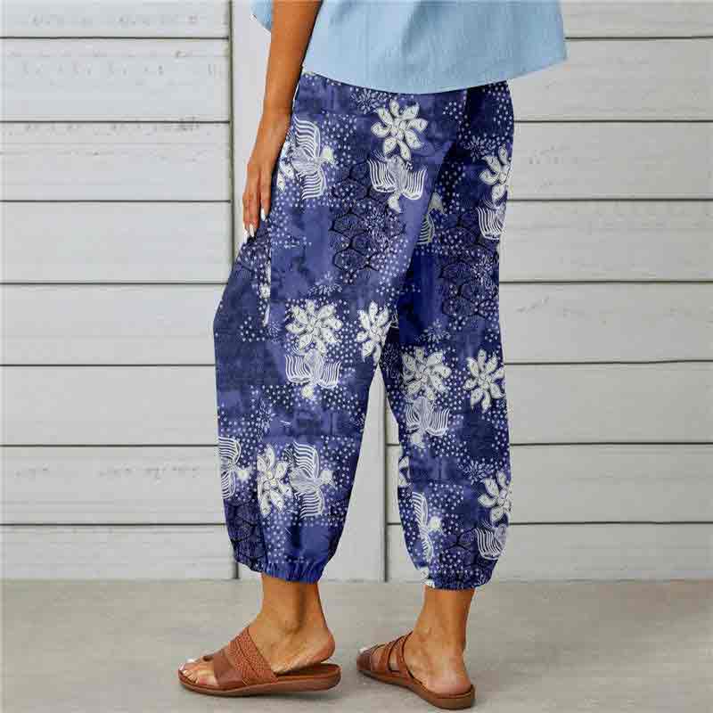 Retro Printed Elastic Waist Drawstring Button Decorated Cropped Trousers