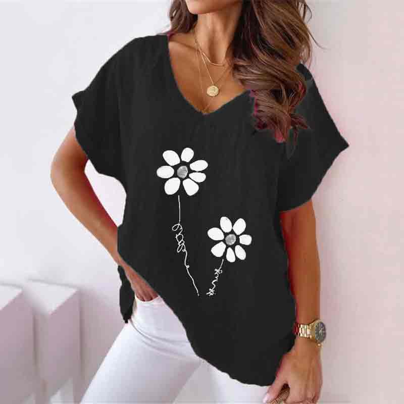 Floral Printed V Neck Casual Loose Short Sleeve T-shirt