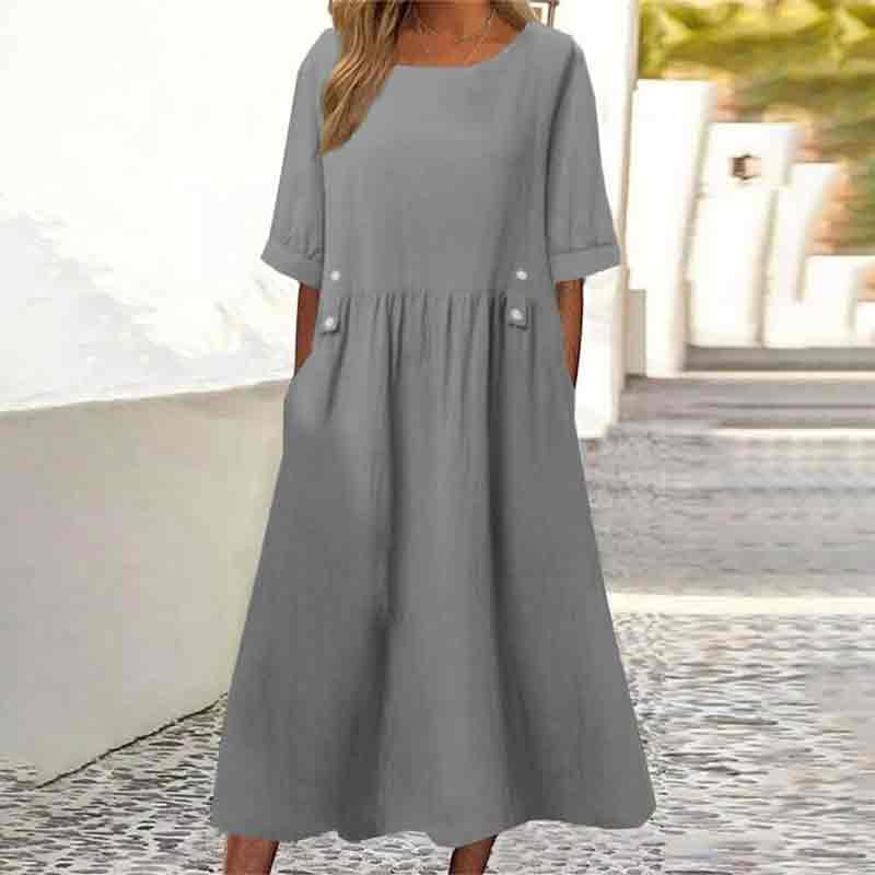 Solid Color Short Sleeve Round Neck Pockets Dress