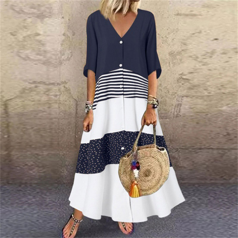 Boho Fashion Color Blocking Half Sleeve Casual A-line Maxi Dress