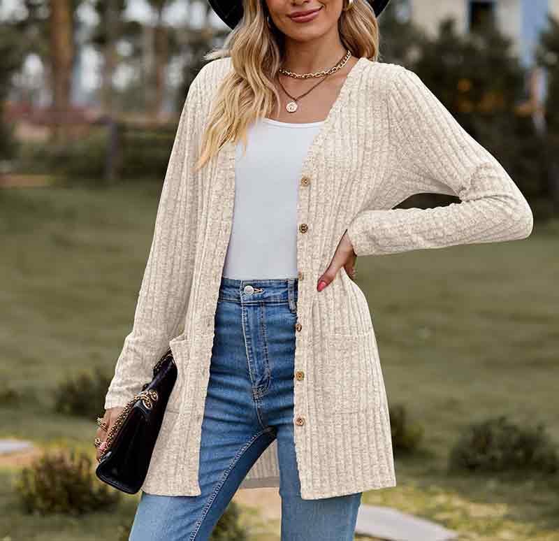 Solid Color Velvet Ribbed Buttons Autumn Winter Pockets Cardigan Top