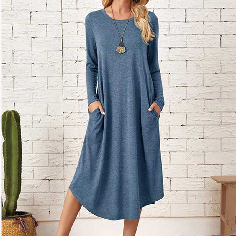 Solid Color Casual Cotton Long Sleeve Curved Hem Loose Pockets Dress