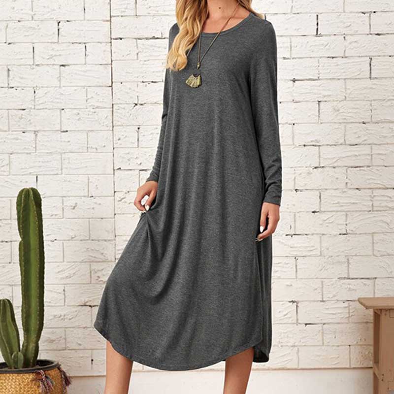 Solid Color Casual Cotton Long Sleeve Curved Hem Loose Pockets Dress