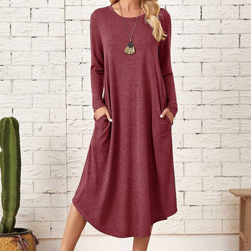 Solid Color Casual Cotton Long Sleeve Curved Hem Loose Pockets Dress