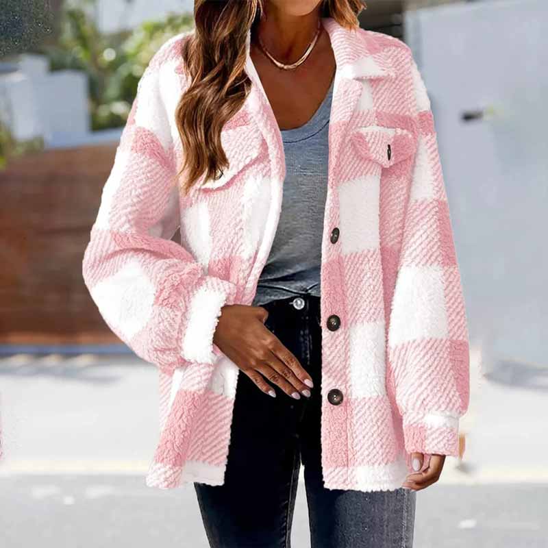 Plaid Printed Single Breasted Plush Pockets Coat