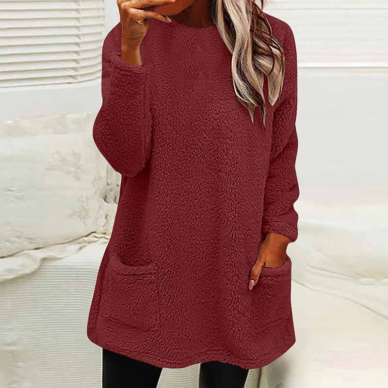 Casual Solid Color Plush Warm Autumn Winter Pockets Long Sweatshirt
