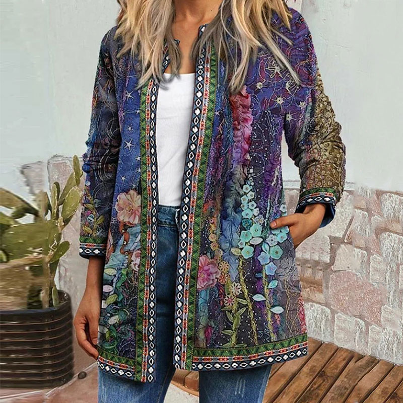 Retro Ethnic Style Printed Long Sleeve Jacket Trendy Cardigan Coat