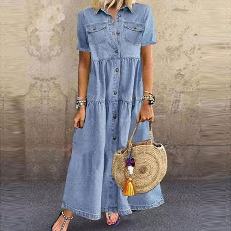 Elegant Lapel Single-breasted Pockets Denim Maxi Dress
