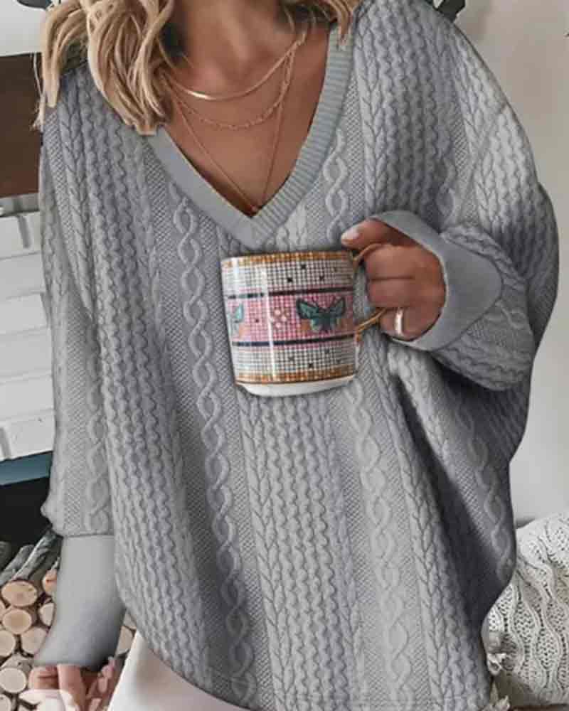 Solid Color Knitted V-neck Long Sleeve Sweater