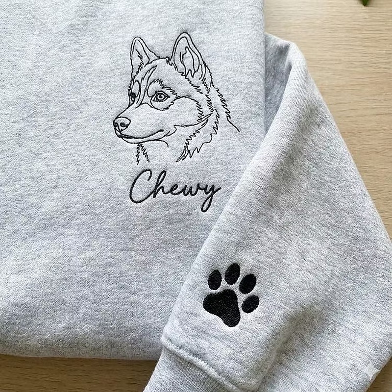 Custom Outline Drawing Embroidered Sweatshirt Furry Baby Memories