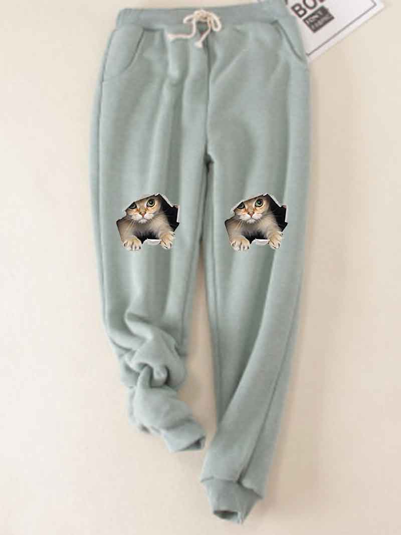 Cats Printed Thickened Fleece Warm Autumn Winter Loose Sweatpants