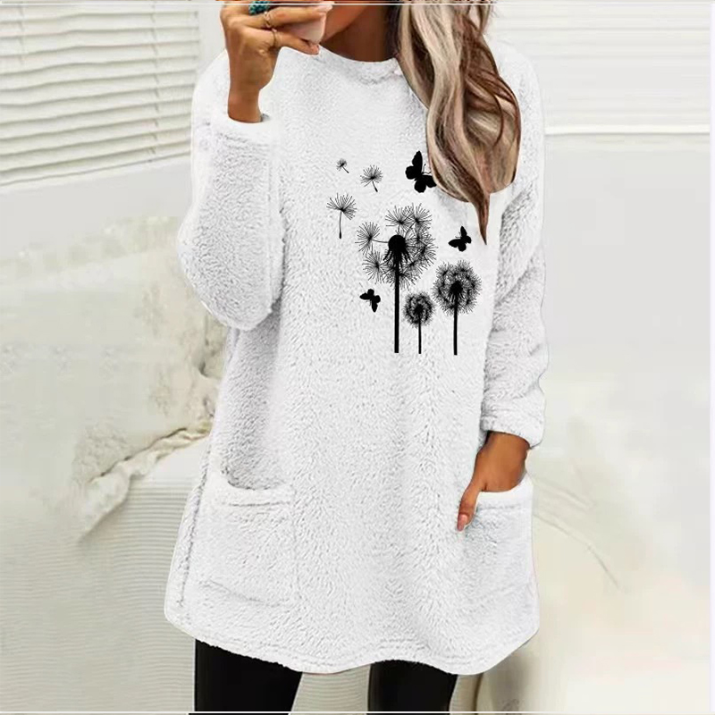 Dandelion Printed Plush Warm Autumn Winter Pockets Long Sweatshirt