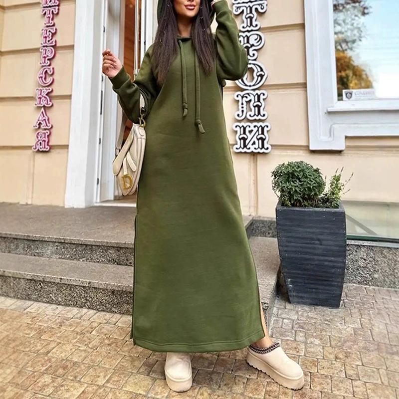 Trendy Hooded Fleece Thickened Autumn Winter Pockets Sweatshirt Dress