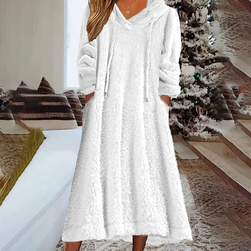 Warm plush hooded long sleeve pockets dress casual loose homewear