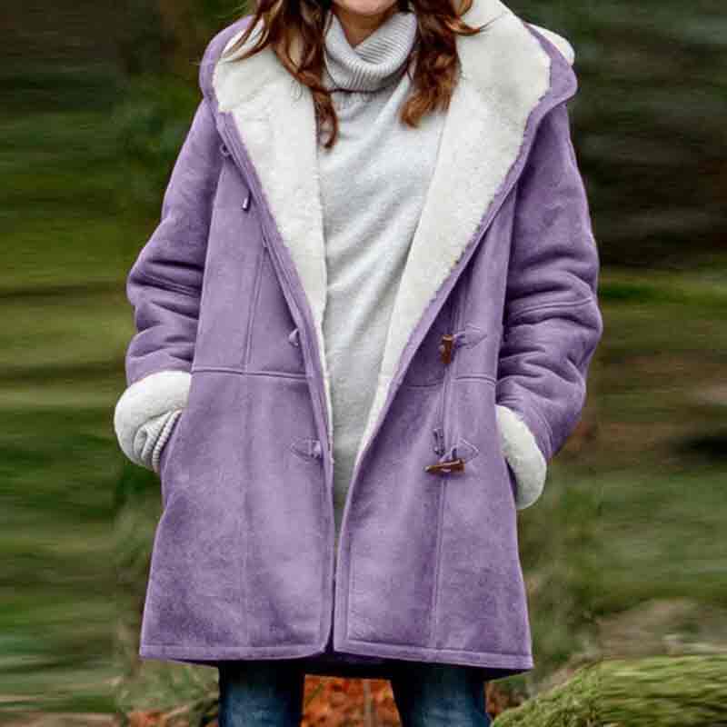Solid Color Hoodie Long Sleeve Pockets Horn Button Fleece Coat