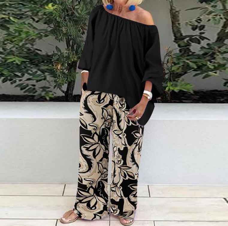 Off Shoulder Puff Sleeves Top and Printed Pants Two-piece Casual Suit