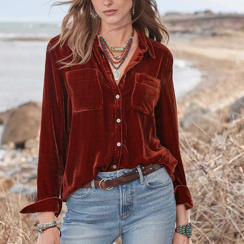 Elegant Velvet Pockets Blouse Long Sleeve Single-breasted Soft Shirt
