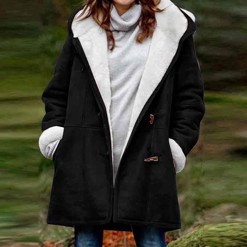 Solid Color Hoodie Long Sleeve Pockets Horn Button Fleece Coat