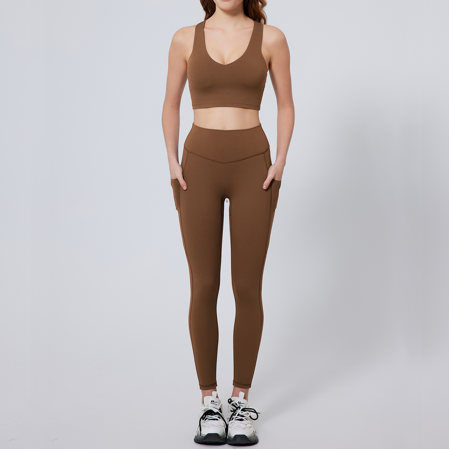 High Waist Yoga Suit Sportswear Vest And Pocket Pants Two Piece Set