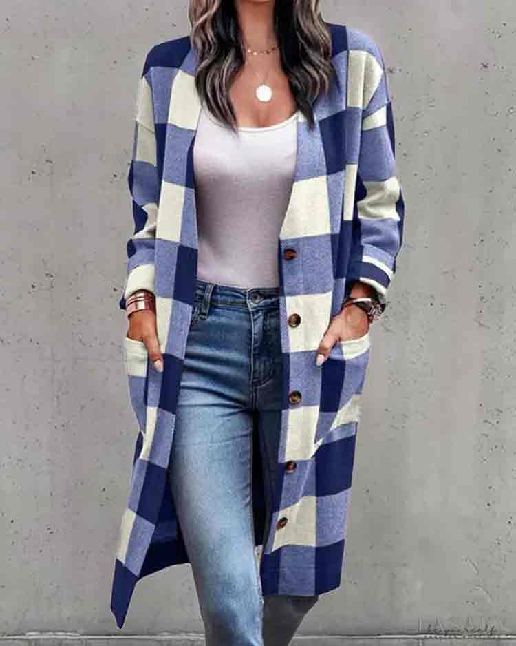 Plaid Button Pockets Wool Single Breasted Cardigan Coat