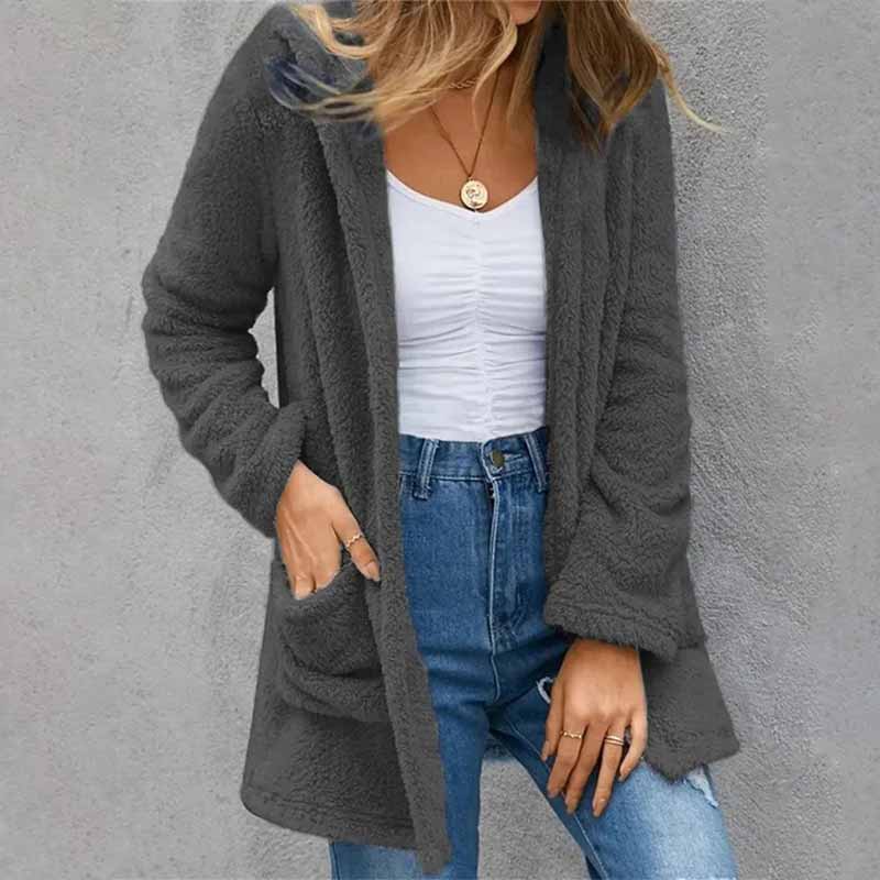 Solid Color Plush Pockets Autumn Winter Cardigan Coat