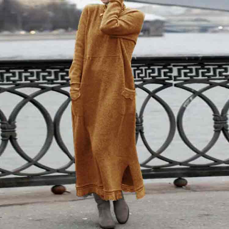 Retro Solid Color Loose Fleece Pockets Autumn Winter Dress