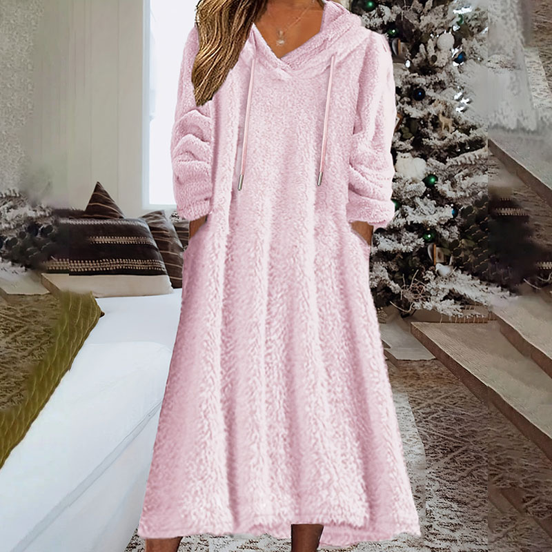 Warm plush hooded long sleeve pockets dress casual loose homewear