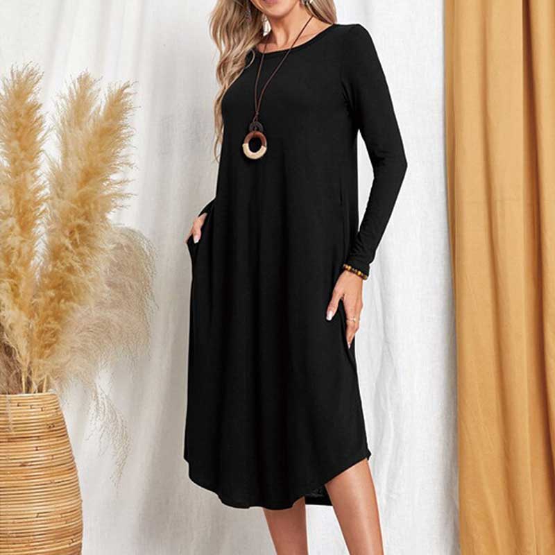 Solid Color Casual Cotton Long Sleeve Curved Hem Loose Pockets Dress