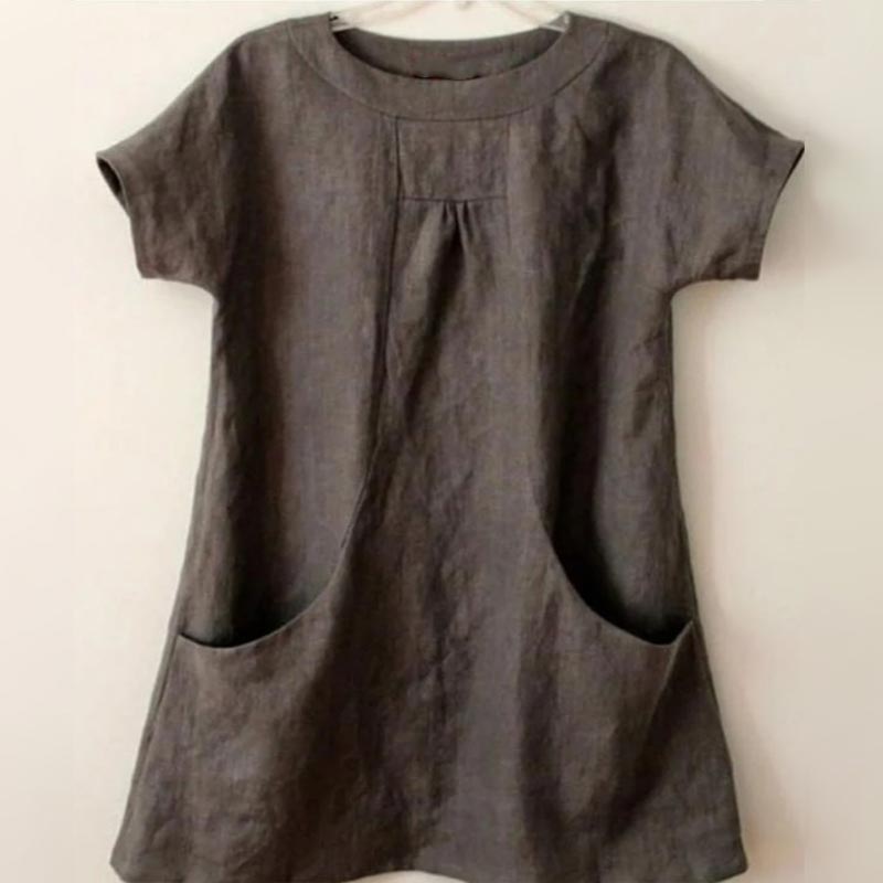 Solid Color Large Pocket Short Sleeve Round Neck Top