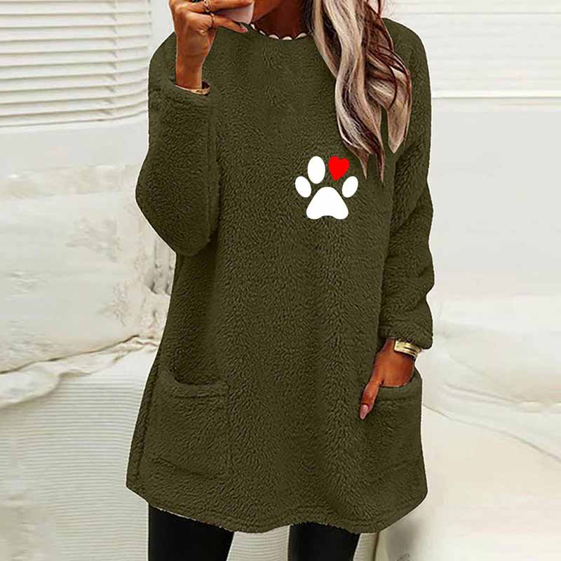 Paw Prints Plush Warm Autumn Winter Pockets Long Sweatshirt