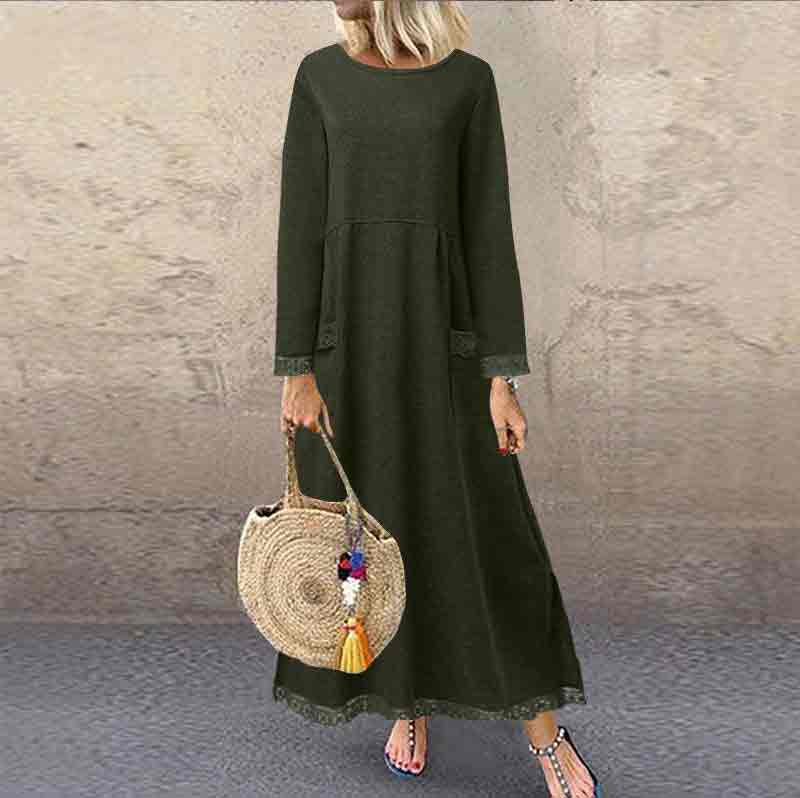 Elegant Loose Solid Color Fleece Pockets Autumn Winter Dress