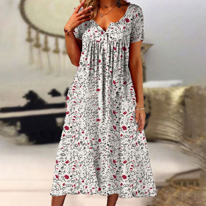Trendy Floral Printed Button V-neck Pockets A-line Dress