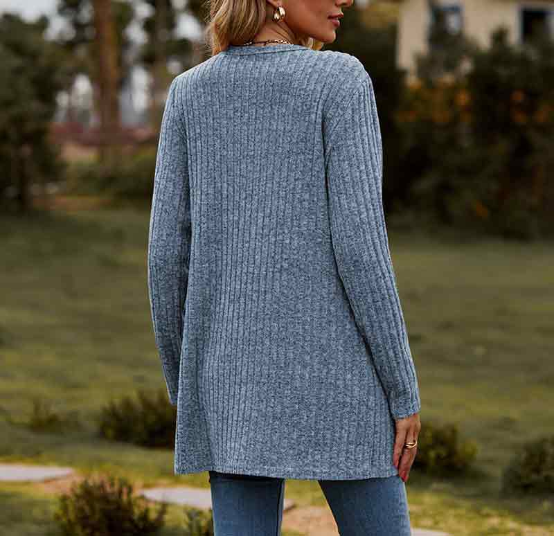 Solid Color Velvet Ribbed Buttons Autumn Winter Pockets Cardigan Top