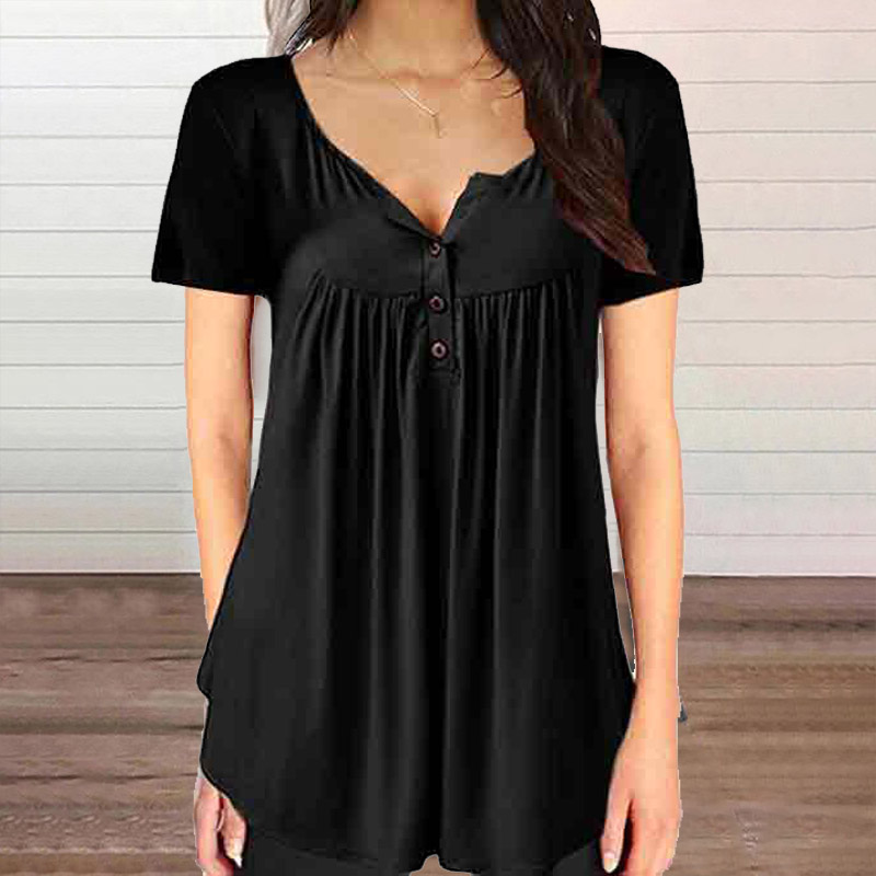 Solid Color Casual Button V-neck Loose Blouse