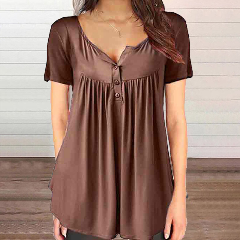 Solid Color Casual Button V-neck Loose Blouse