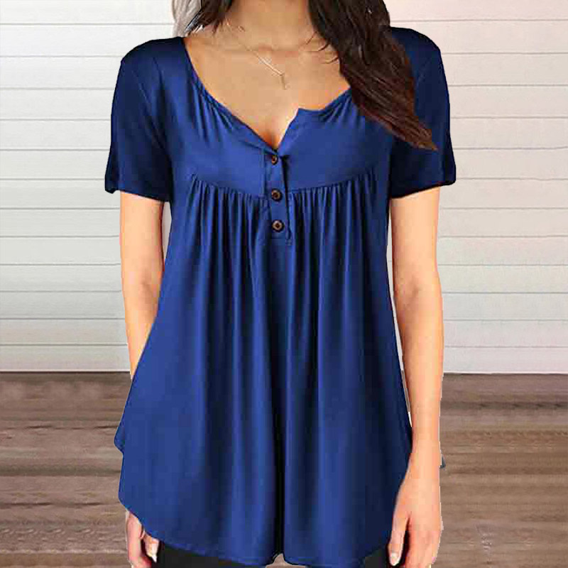 Solid Color Casual Button V-neck Loose Blouse