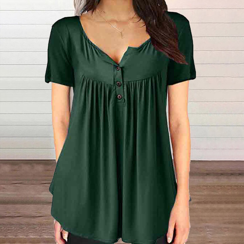 Solid Color Casual Button V-neck Loose Blouse