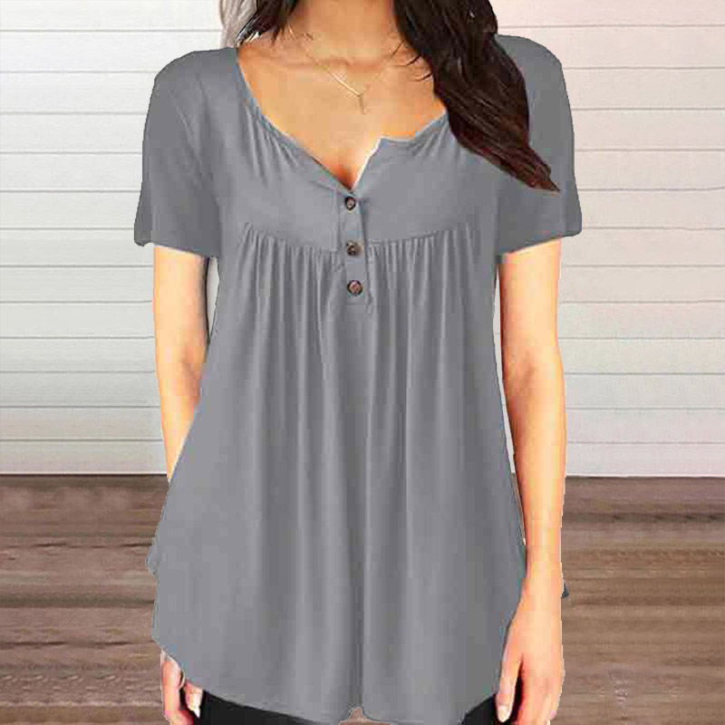 Solid Color Casual Button V-neck Loose Blouse