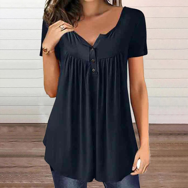 Solid Color Casual Button V-neck Loose Blouse