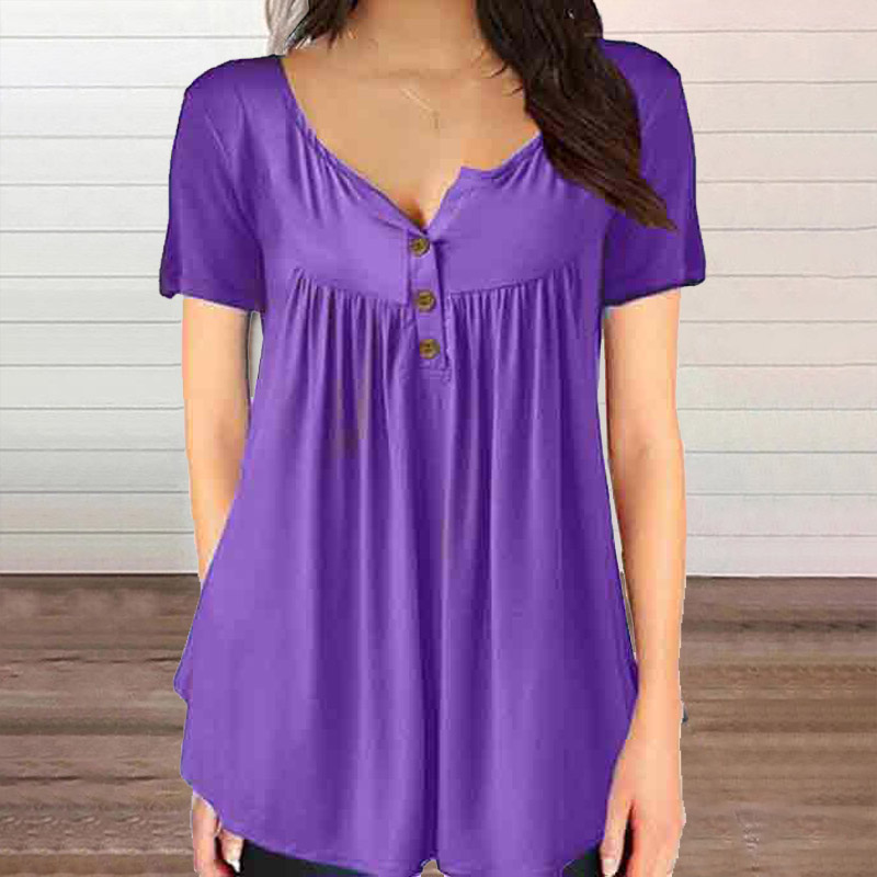 Solid Color Casual Button V-neck Loose Blouse
