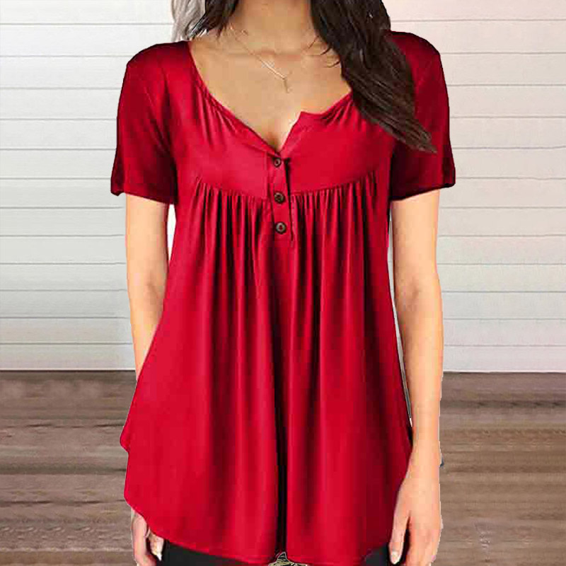 Solid Color Casual Button V-neck Loose Blouse
