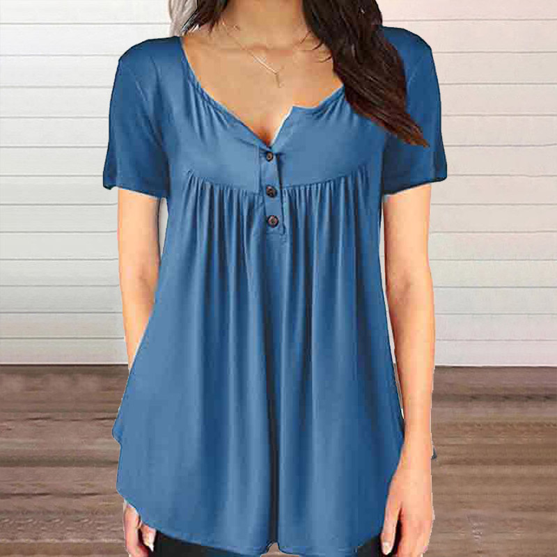 Solid Color Casual Button V-neck Loose Blouse